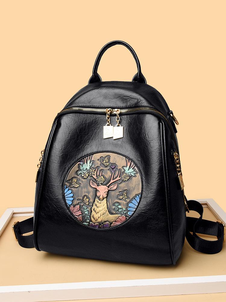 Schoolbag1011 National Style Embroidered Women's Backpack, Jixiang PU Waterproof Student Schoolbag, Support One Click
