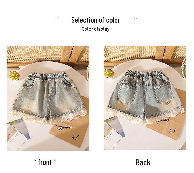Girls' Lace Hem Denim Shorts - Soft, Elastic Waist, Breathable, Casual Summer Wear