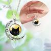 Women\'s Hollow Crescent Black Cat Glass Pendant Link Chain Necklace Jewelry