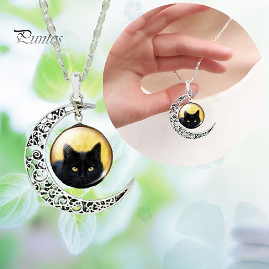 Women\'s Hollow Crescent Black Cat Glass Pendant Link Chain Necklace Jewelry