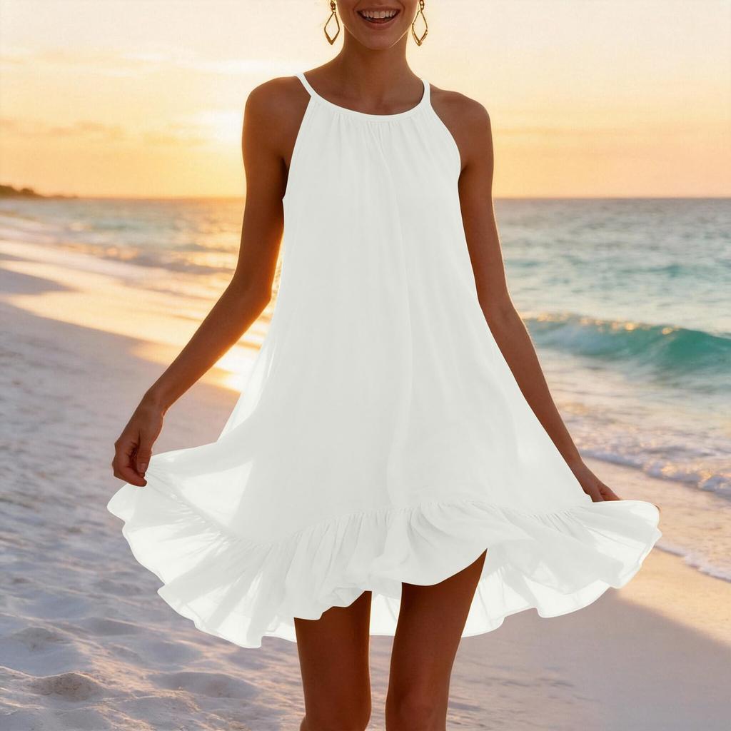 Mini Abito Senza Maniche con Orlo Arricciato Vestibilità Larga per Donna Casual Scollo Leggero Svolazzante Abito Estivo