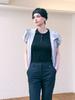 Beomyudageulaeseu Mother-Of-Pearl Button Henley Neck Silket T-Shirt-Black