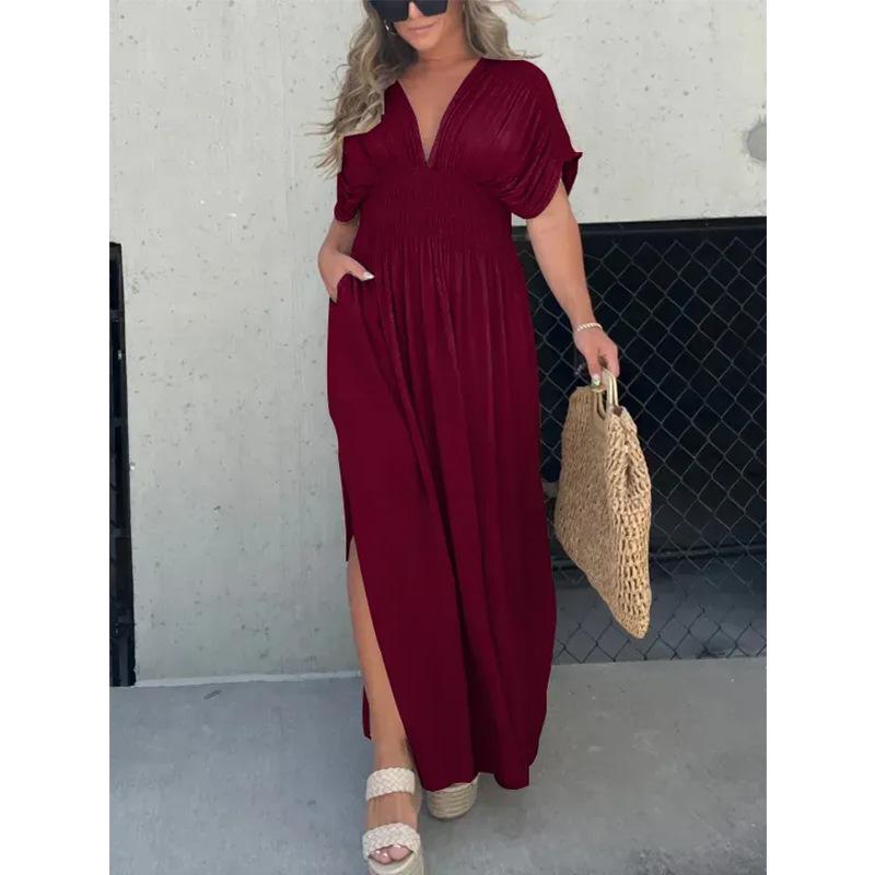 Summer V-neck Batwing Sleeve Elastic Waist Split Long Dress