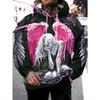 Fashionable Hooded Sweatshirt, Casual Sports Hoodie with Black And Pink Angel Wings, Featuring a Skull Design And Front Pocket
