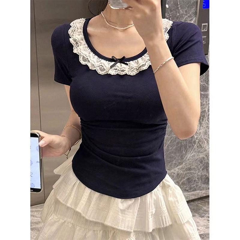 

Summer Women s New Lace Garden Collar Slim-fitting Short-sleeved T-shirt Top S сірий колір
