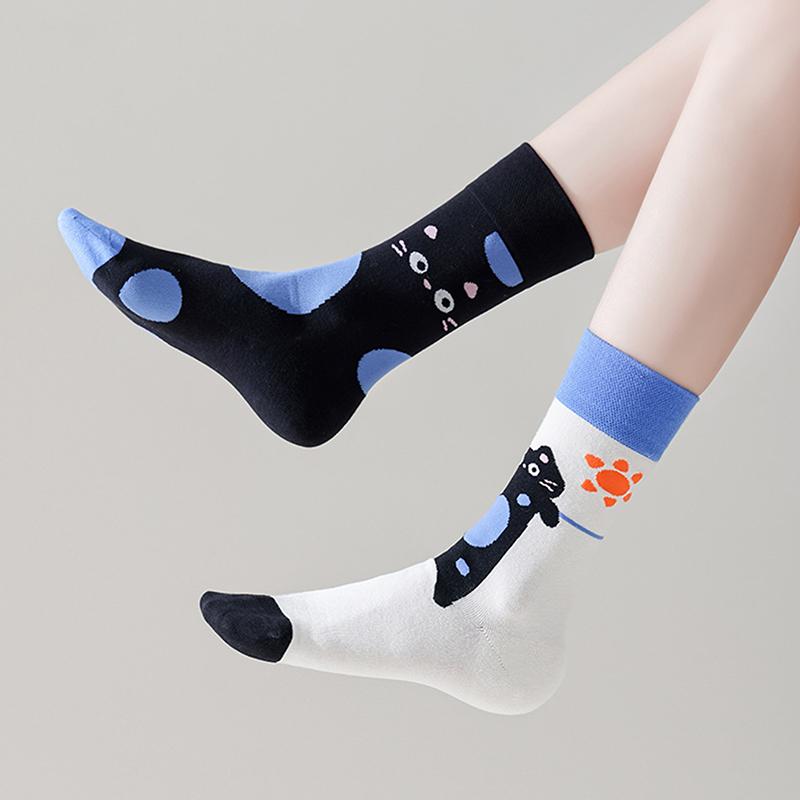 Asymmetric Autumn Winter Women Socks Funny Cute Cartoon Cat Embroidery Animal Ab Interesting Mid Tube Socks
