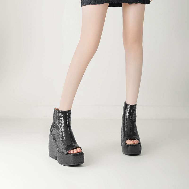 Krazing Pot Sequin Cloth Spring Summer Size 43 Size 42 Women Platform Women Peep Toe Toe Sexy Summer Boots Zipper Thick Bottom Pumps
