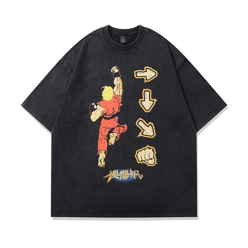 American High Street Old Washing Spoof Direct Injection Printing Short-Sleeved T-Shirt Men'S Oversize Trendy Ins Top