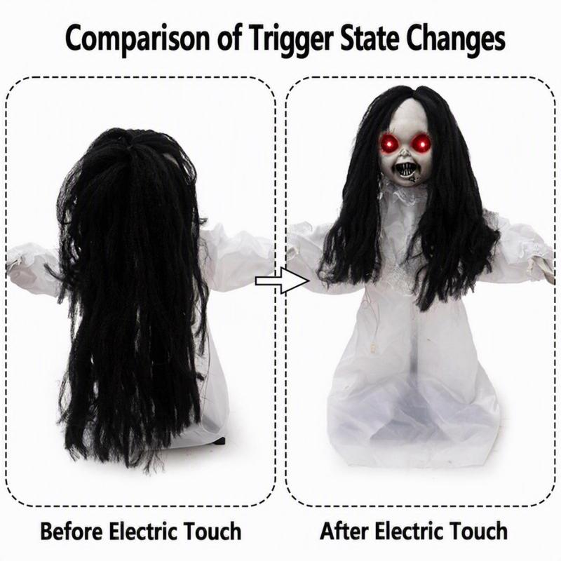 Sound Activated Halloween Hanging Figure with Red Light Up Face Detail, Animated Girl Party Decoration for Hallway, Corner, and Holiday Display