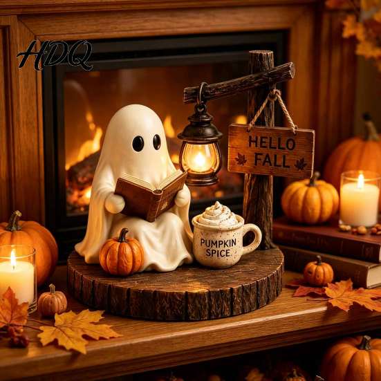 Decorazioni per il Raccolto Autunnale Statuetta Fantasma di Halloween Statua Vintage Accogliente per Leggere un Libro/Portare a Spasso il Cane con Lanterna Sculture Bizzarre Illumina