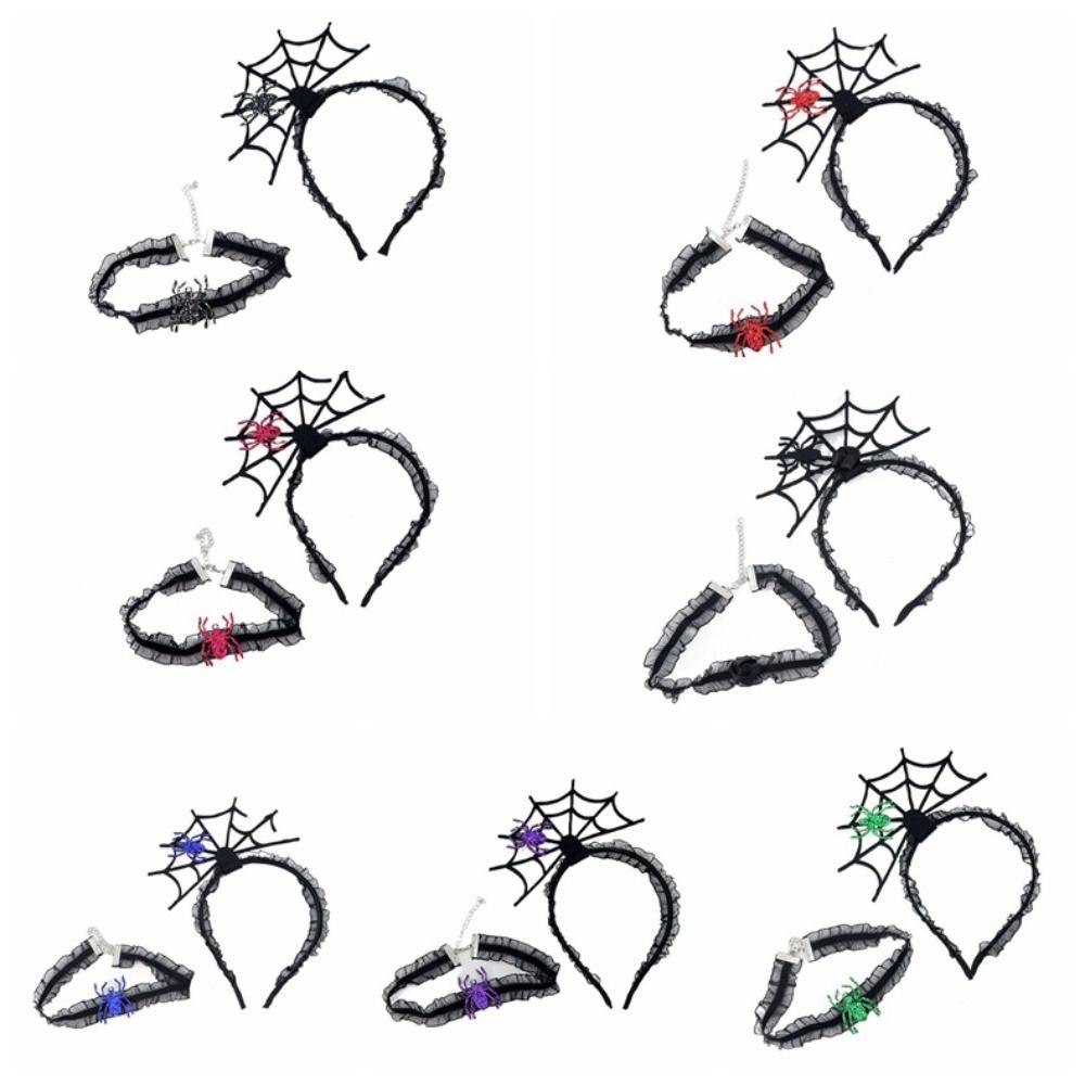 Mesh Halloween Headband Ruffles Spider Web Hairband Creative Hairband Necklace Set  Boys/Girls