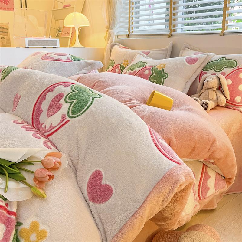 Cartoon Coral Fleece Four-Piece Set, Thickened Milk Fleece Sheet Quilt Cover, Snowflake Fleece Bed Three-Piece Quilt Cover