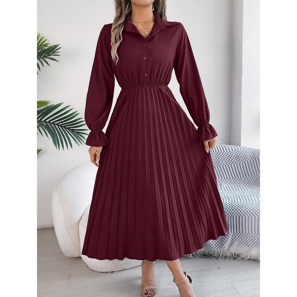 GMXIA Autumn and Winter Casual Lapel Button Long-sleeved Waist-cinching Pleated Long Dress Women's Clothing