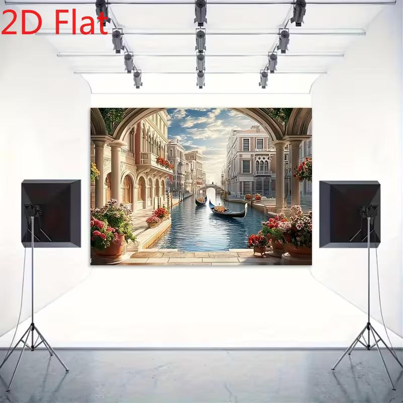 2D Venice Grand Canal View Tapestry, Italian Architecture & Flower Pots Background