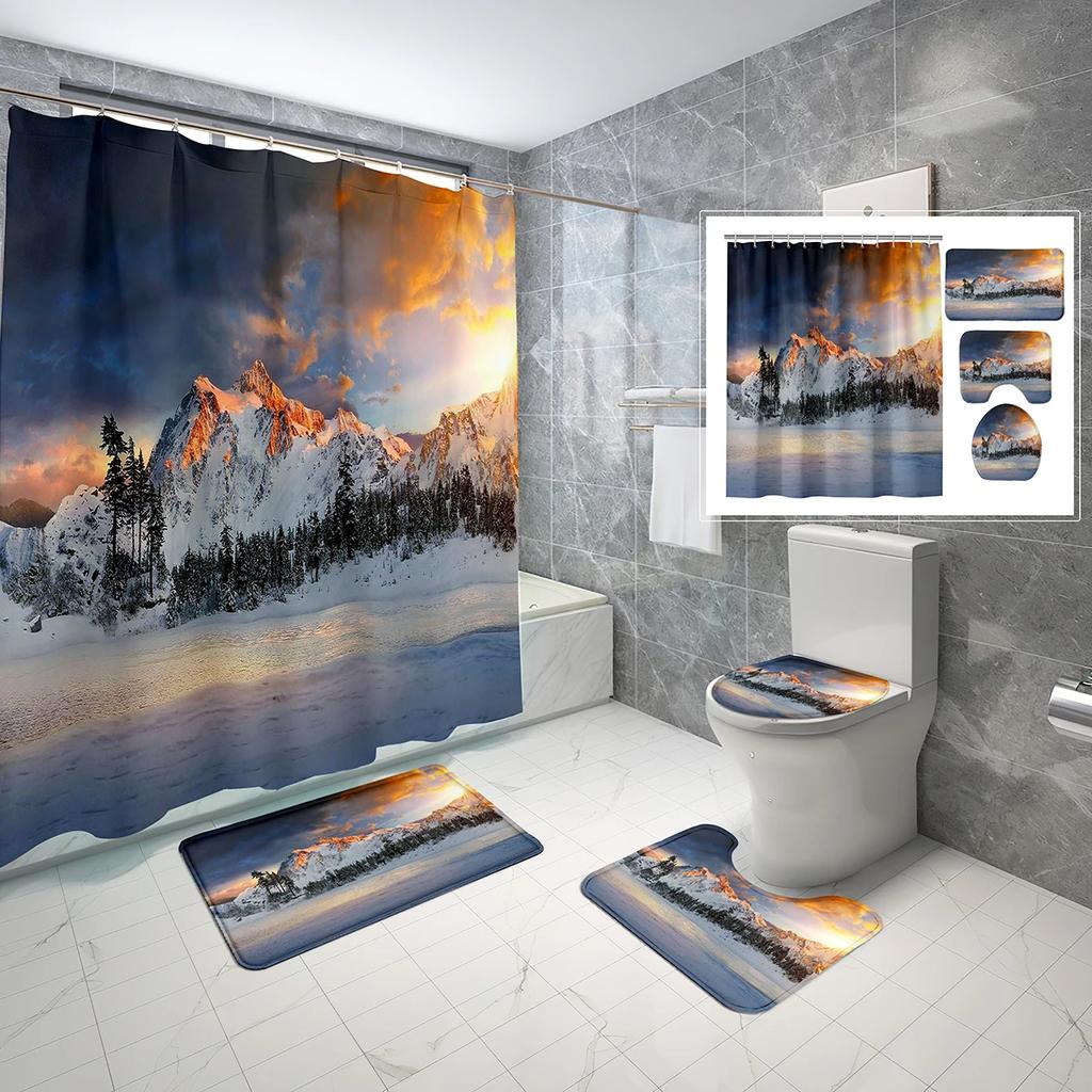Schneeberg Duschvorhang-Set Schöne Naturlandschaft Duschvorhang Rutschfeste Badematte Toilettendeckelbezug Für Badezimmerdekoration