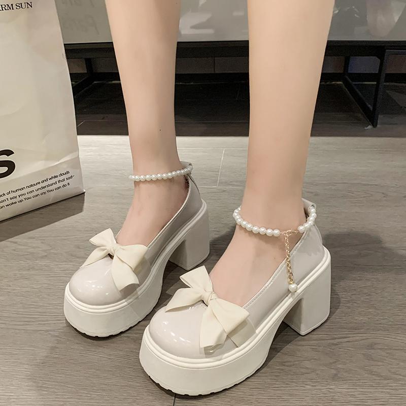Modische Mary Jane Schuhe für Damen, neue modische High Heels mit Perlenschleife und kleinen Lederschuhen für Damen, einzelne Schuhe