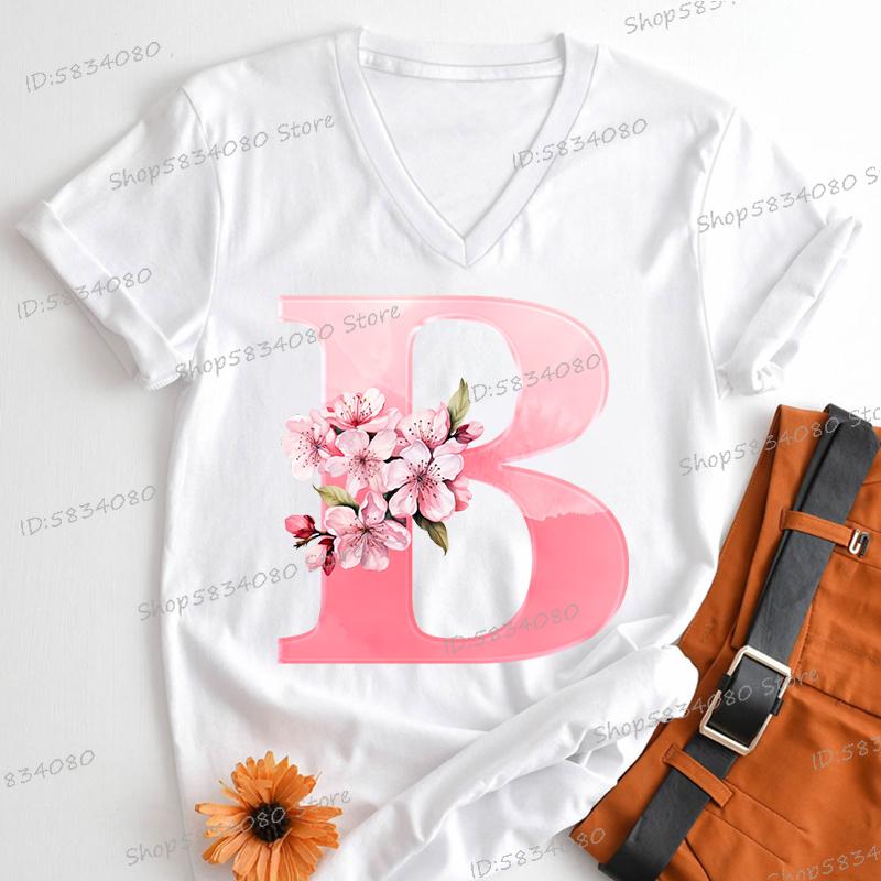Pink Sakura Alphabet Graphic T Shirts Women AZ 26 Alphabet Pink Flower Cartoon Tshirts Cherry Blossom Letters Casual Tops Tees