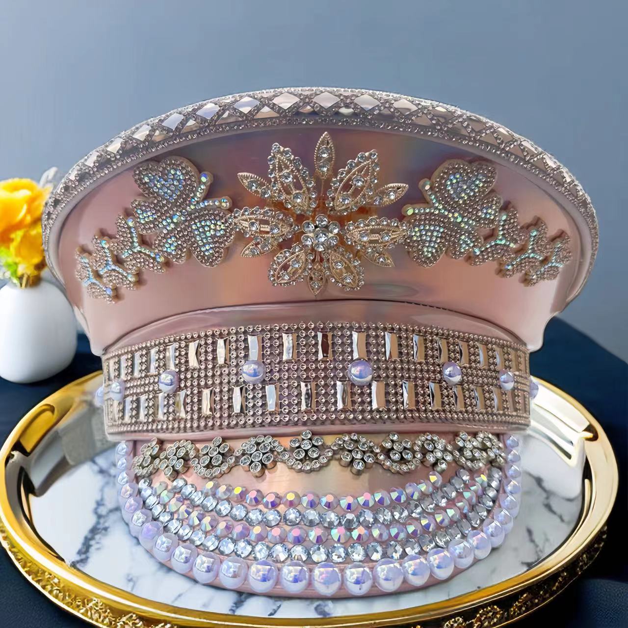 

Rose Gold little rhinestone Pearl Gem Laser Navy holiday party hat, suitable for Festival Halloween Hat Snowflake Party Hat 58/59 рожевий