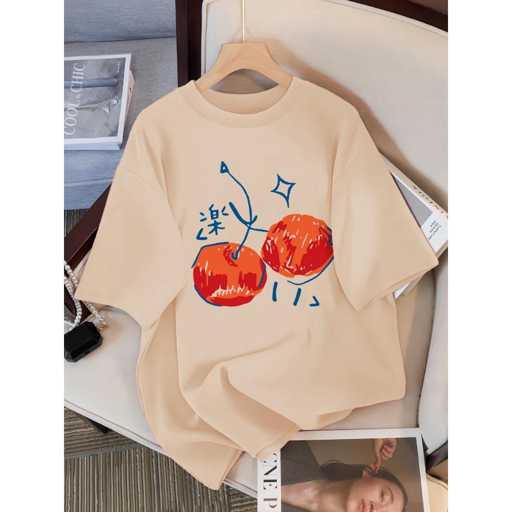 Cherry Pattern Printed Women's T-shirt Casual Sports Round Neck Short Sleeved Breathable Summer T-shirt Street New Clothing