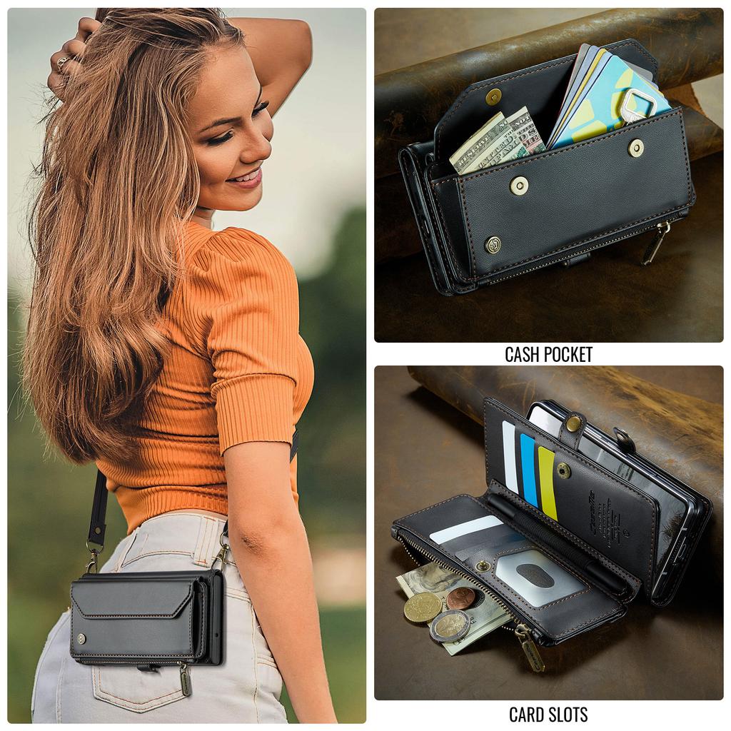 Crossbody Zipper Wallet Case For Samsung Z Fold7/Z Fold5 - PU Leather Card Holder Flip Cover
