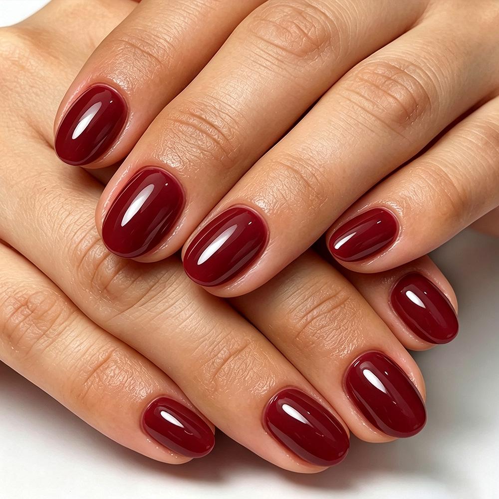 Deep Red Glossy Oval False Nails - 32 Pcs, High-Quality, Removable