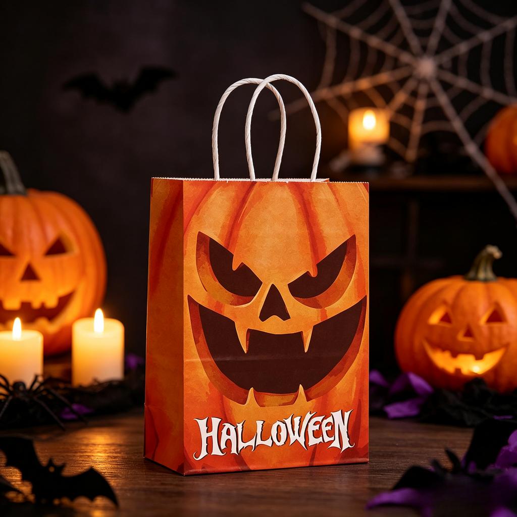 Halloween Paper Gift Bags Trick or Treat Candy Packaging Bags Pumpkin Witch Spider Print Bags Halloween Party Decor Supplies