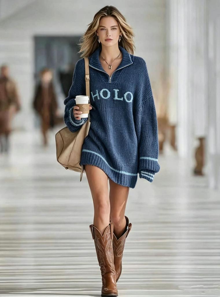 Autumn and winter popular new women's loose letter jacquard sweater zipper lapel mini knitted women's dress
