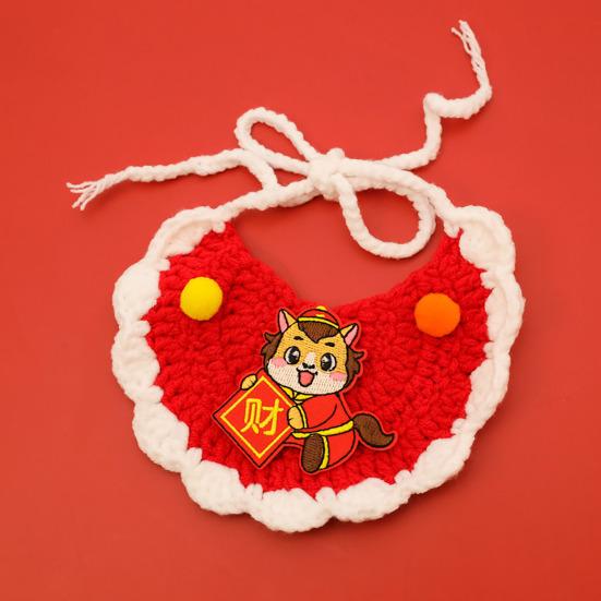 סינר חתול סרוג אדום עבודת יד סינית לראש השנה סינר לחיות מחמד שנת הסוס סינר לכלבים עם רקמה לגורי חתולים כלבים קטנים אביזר חגיגי