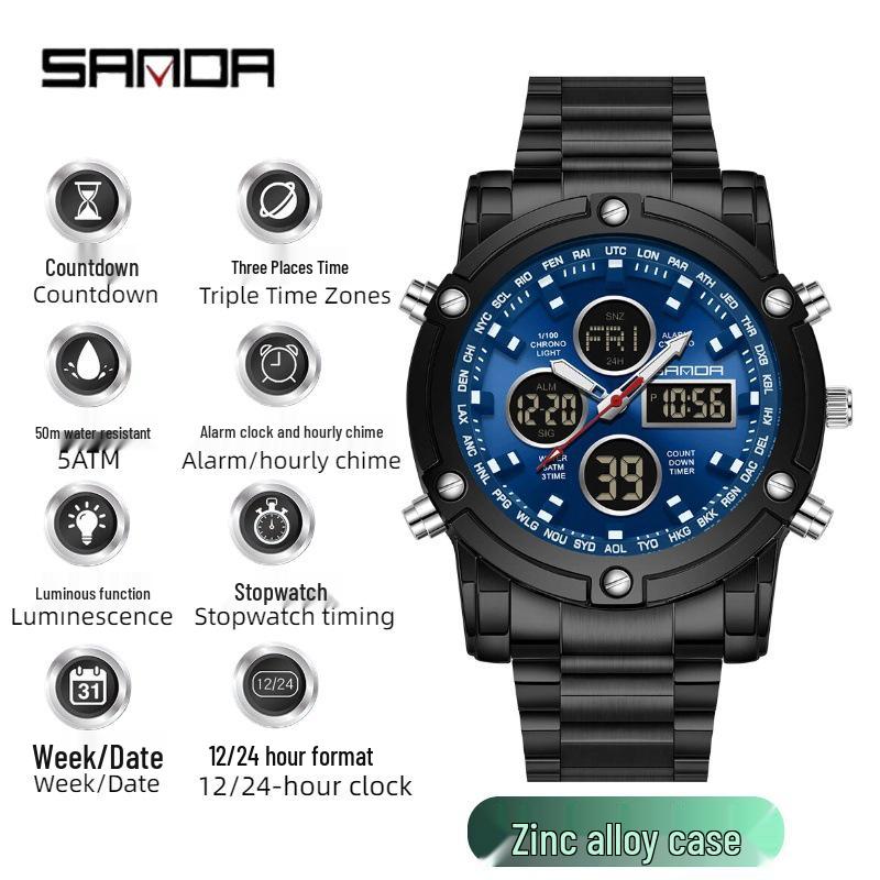Sanda Tide Men's Dual Display Chronograph Watch: Cool Steel Band, Large Screen, Multifunctional, Waterproof, with Alarm Clock.