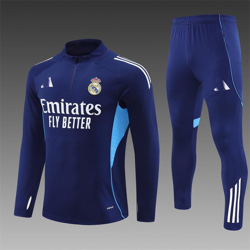 2426 Maglia Real Madrid Manica Lunga Mezza Zip Maglia da Allenamento Calcio Pre-Partita Maglia da Gara Tuta Adulto Manica Corta Bambino