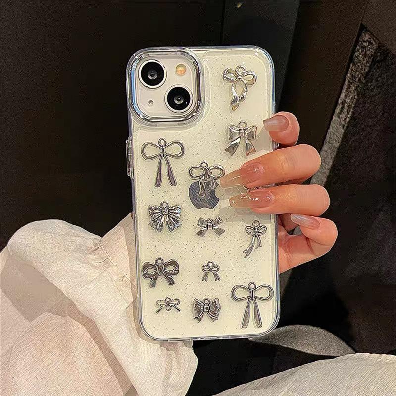 Transparent Epoxy Mobile Phone Case For Apple 17Promax Internet Celebrity Apple 14 Electroplating Line Bow 13