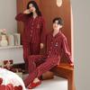 Red Turn-Down Collar Couple Pajamas - Long Sleeve, Plus Size, Korean Style Festive Homewear