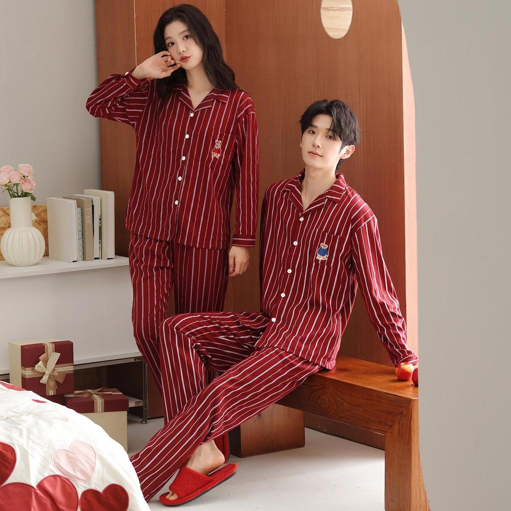 Red Turn-Down Collar Couple Pajamas - Long Sleeve, Plus Size, Korean Style Festive Homewear