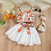 Children's Fashion Set Summer Girls Casual Printed Lace Halter Hollowed-out Cotton Dress Two-piece Set