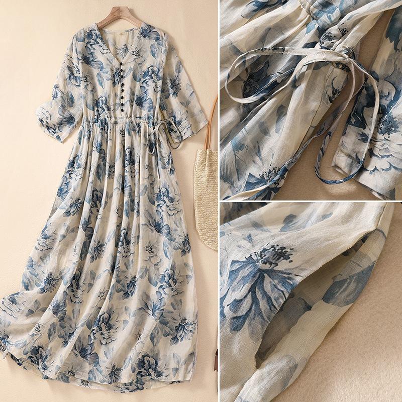 Fashion Women's Mid To Long Printed Short Sleeved Dress