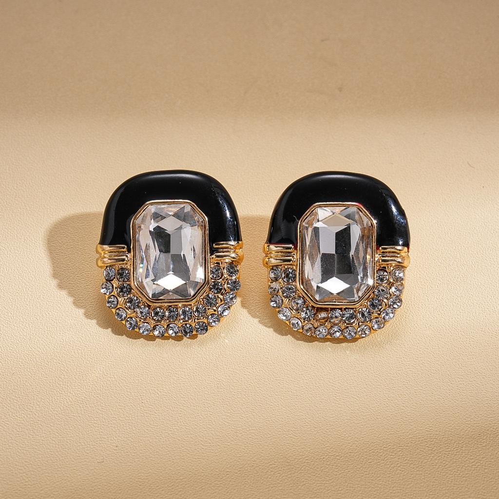 Wind Drop Oil Diamond Oval Square Silver Needle Stud Earrings Court Style Exquisite Premium Earrings