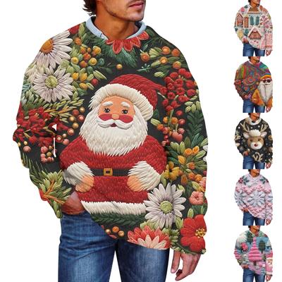 Męski sweter z nadrukiem świątecznym, bluza z okrągłym dekoltem, luźna bluzka z długim rękawem