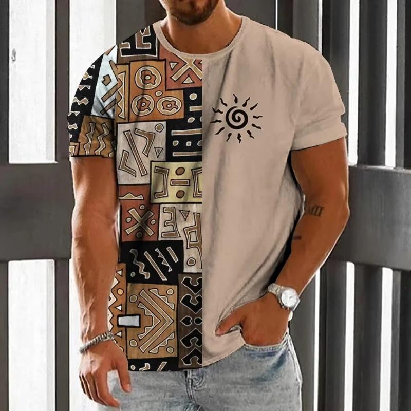 Summer Round Neck 3D Color block Print Top Fashionable Casual Short Sleeved Men's T-shirts