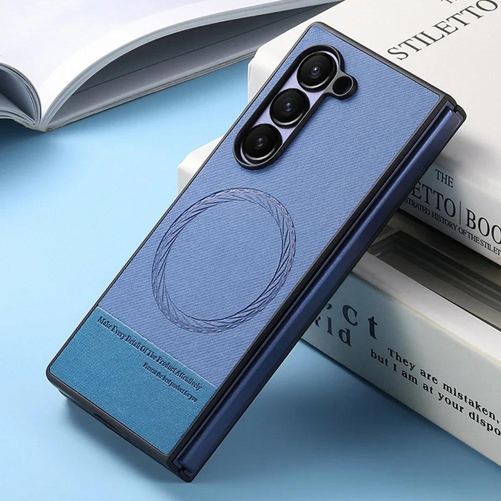 Samsung Galaxy Z Fold 7 6 5 4 3 Wireless Charging Leather Shockproof Protect Back Cover Simple Business Magnetic Phone Case