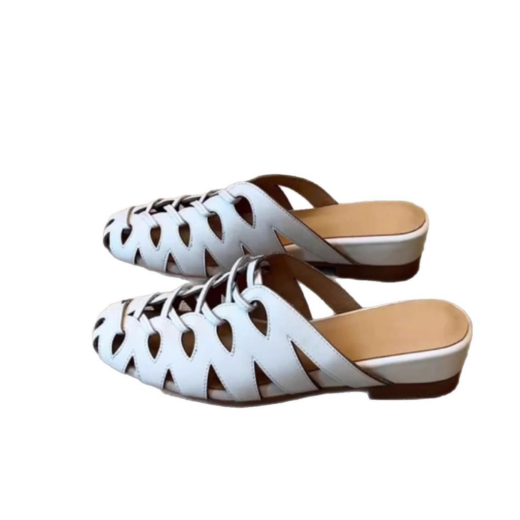 Niche design sense woven hollow Roman cool slippers women's 2025 new versatile one-pedal with skirt slippers