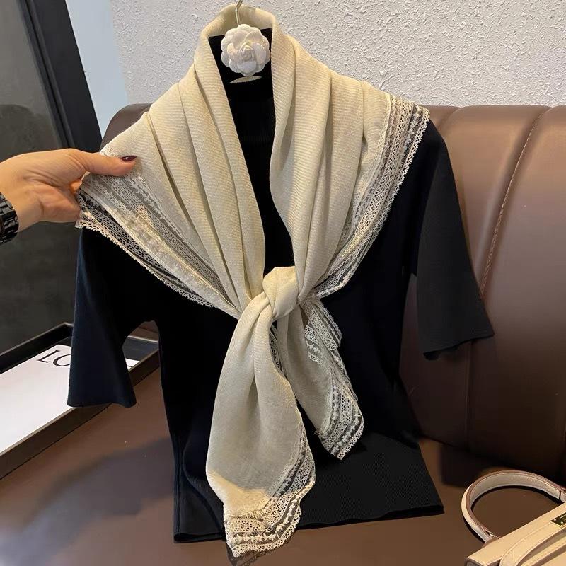 

100*100cm Cotton Blend Solid Color Square Scarves with Lace 100*100cm бежевий