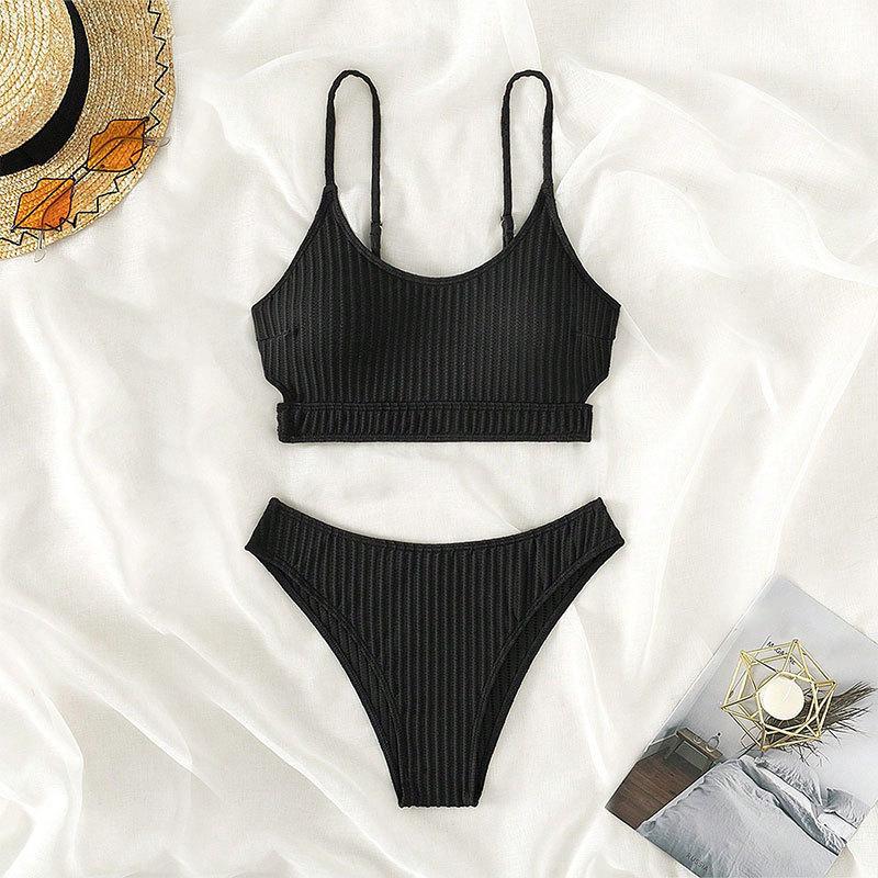 TS JYL-SW127 Stripe Triangle Bikini, Solid Sexy Summer Swimwear For Women M