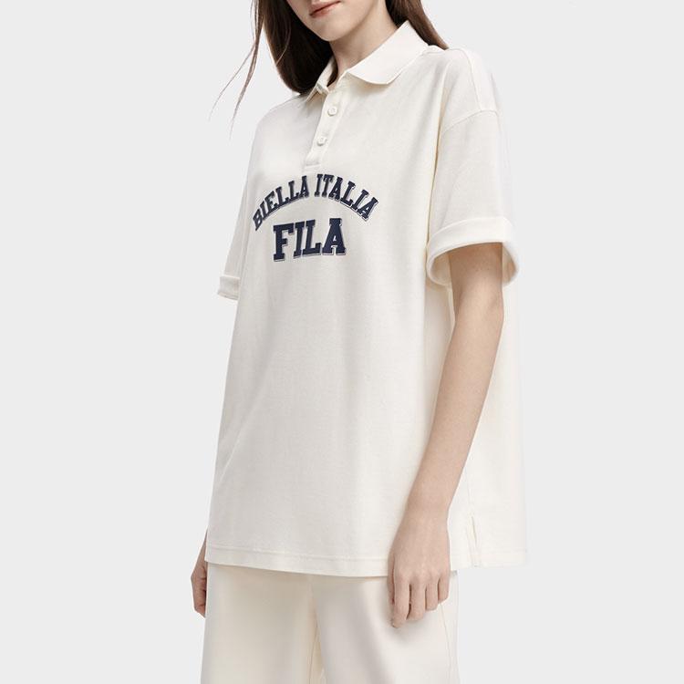 FILA American Series Letter Print Casual Loose Short Sleeve Polo Shirt Unisex Polo Shirts Milk-Salt-White F11U329105FIV