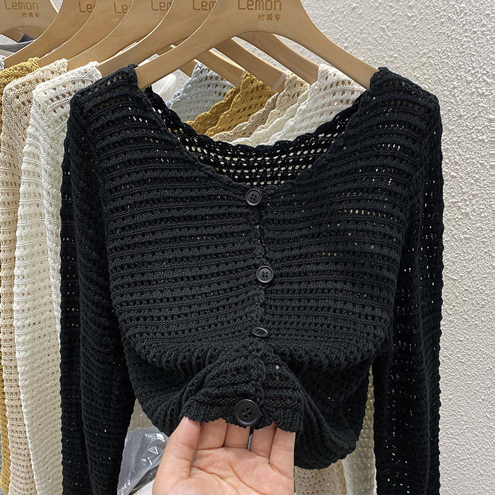 Knit Cardigan for Women Long Sleeve Single Breasted Sweater Jacket Crop Openwork Cardi Top Female Basic Daily Outfit