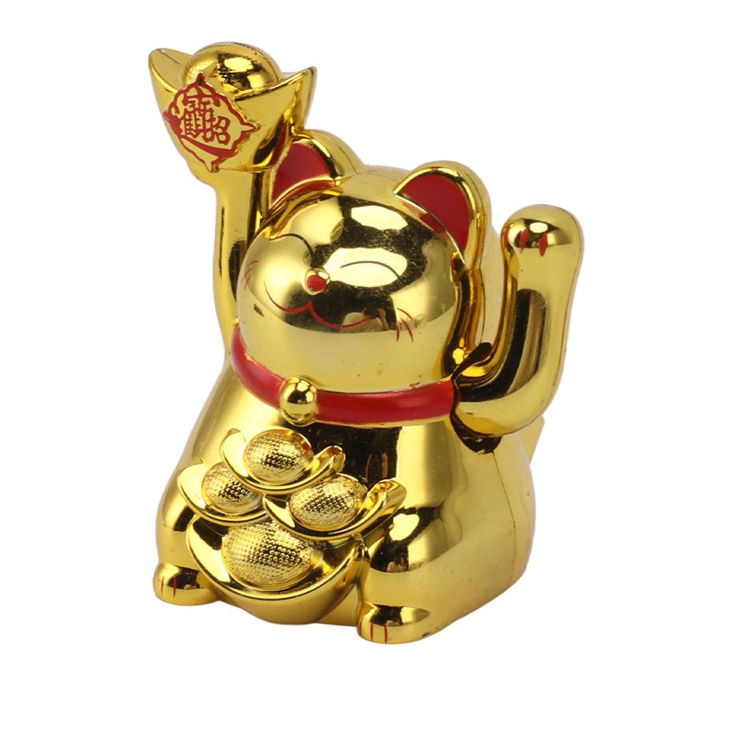 2in Solar Powered Waving Arm Lucky Cat Ornament Welcoming Waving Hand Wealth Fortune Cat Gold