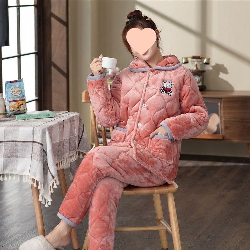 Pajamas women's winter warm winter fleece thickened coral fleece three layers of cotton autumn and winter women's loungewear