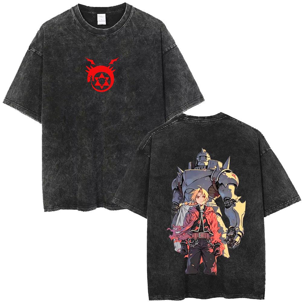 Washed Vintage Anime Fullmetal Alchemist Alphonse Elric Edward Elric T-shirt Clothing Manga Oversized Crewneck T Shirt Unisex