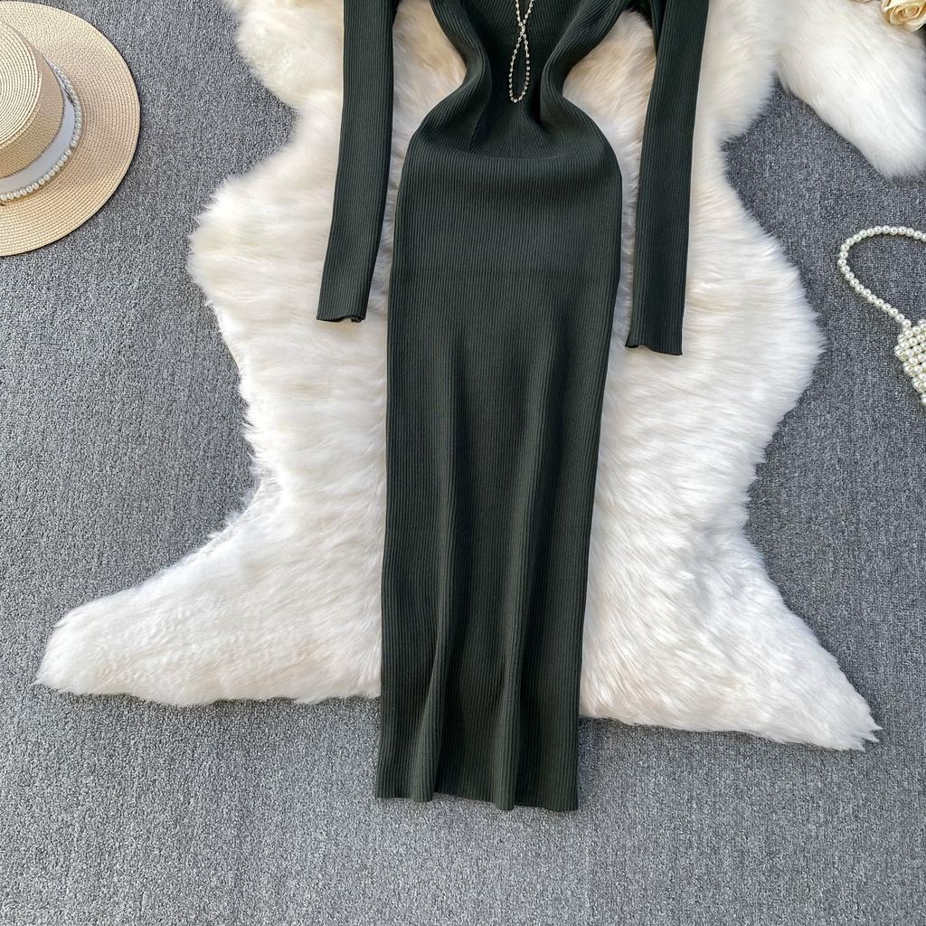 Autumn Spring Women Sexy Square Collar Luxury Beading Knitted Sweater Party Dress Long Midi Sheath Bodycon Sheath Dresses
