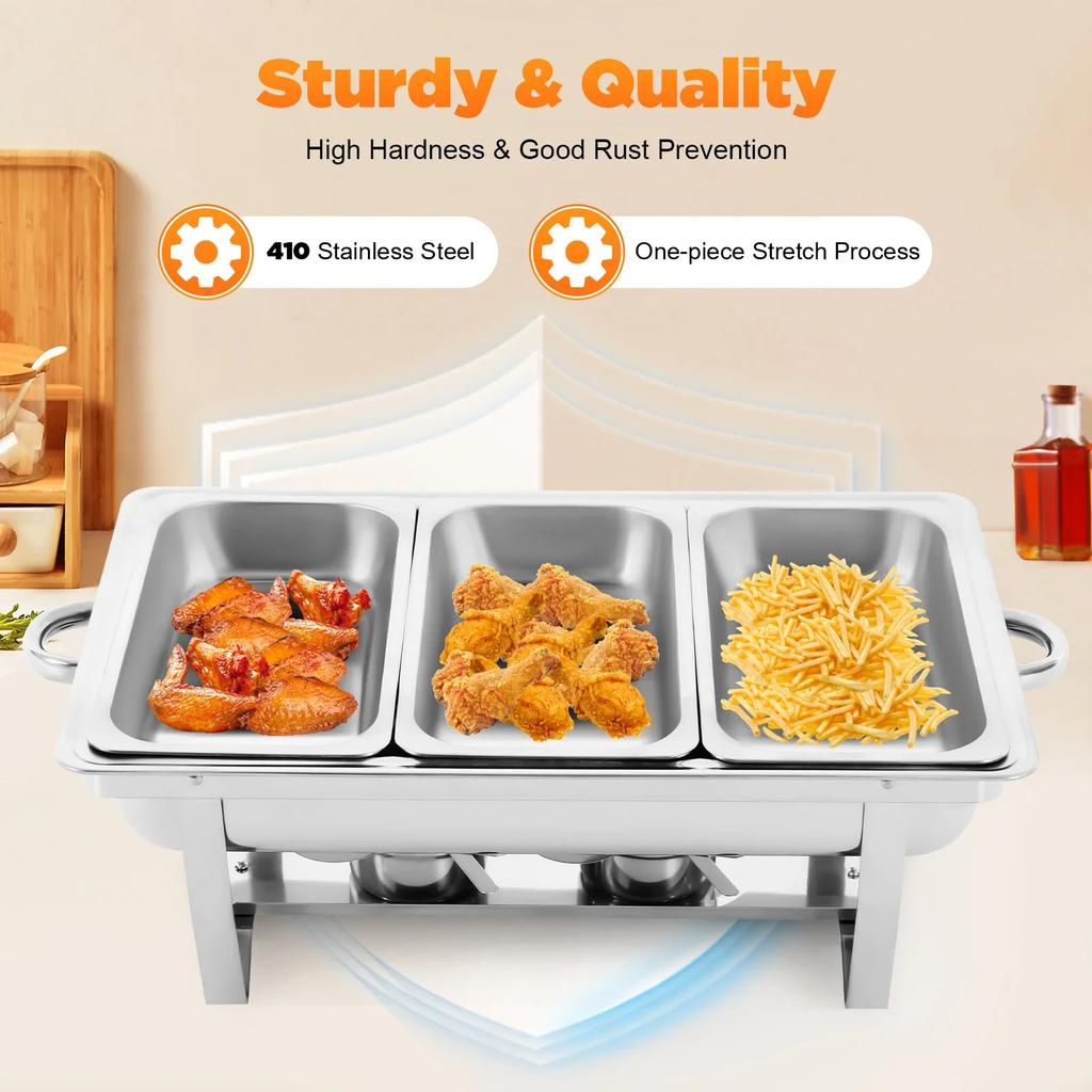 3-Kammer 9L Edelstahl Bain-Marie Speisenwärmer mit Deckel Aufwärmbehälter Set Bain-Marie, für Catering, Buffet und Party