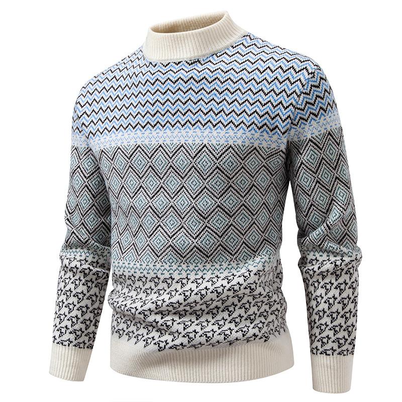 

Autumn Winter Vintage Knitted Sweater Men Fashion Jacquard Mock Neck Knit Pullovers Warm Knitwear M білий